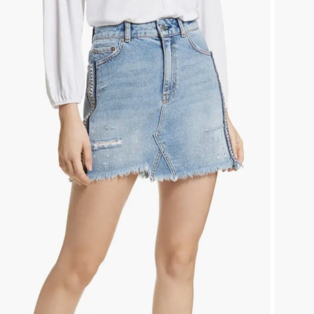 Free People Womens 2 Side Stripe Embellished Denim Miniskirt